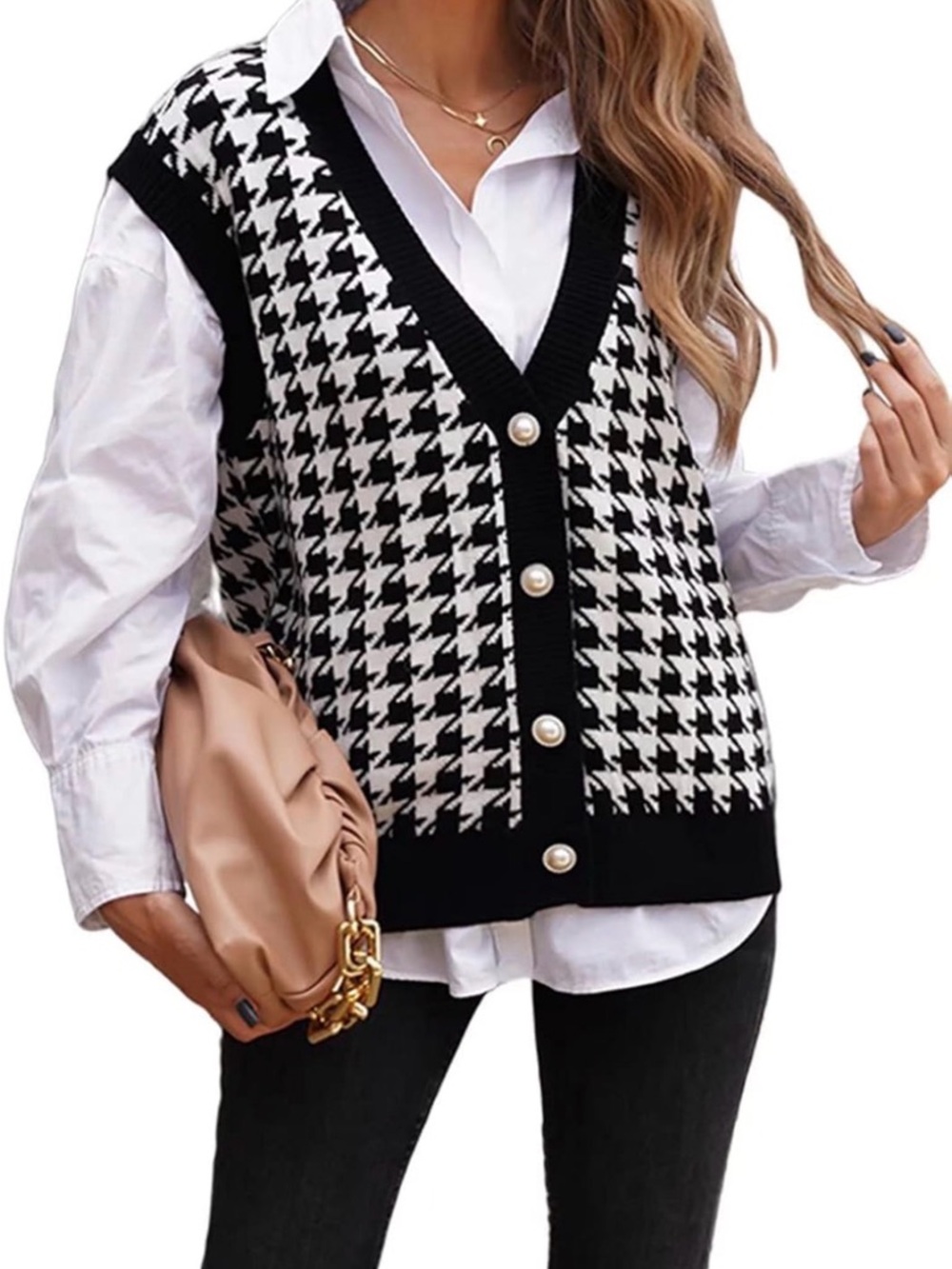Houndstooth Button-Front V-Neck Sweater Vest - Black & White